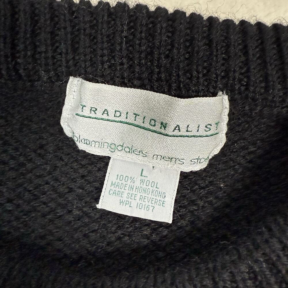 VTG Bloomingdales 100% Wool Black Sweater Heavy Knit Men's Size Large Geometric - Picture 3 of 6